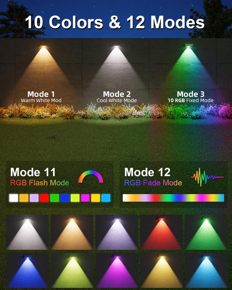 JOFIOS Solar Fence Lights Outdoor, 12 Pack, 50LM Ultra Bright, 3 Color Temperatures & RGB, IP65 Waterproof, Dusk-to-Dawn Solar Powered Fence Lights for Patio, Railing, Pool, Porch, Backyard(Black) - Image 3
